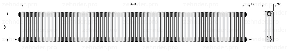 Схема (чертеж) Радиатор Zehnder Charleston 3050/58 №2670 Белый глянцевый RAL 9016